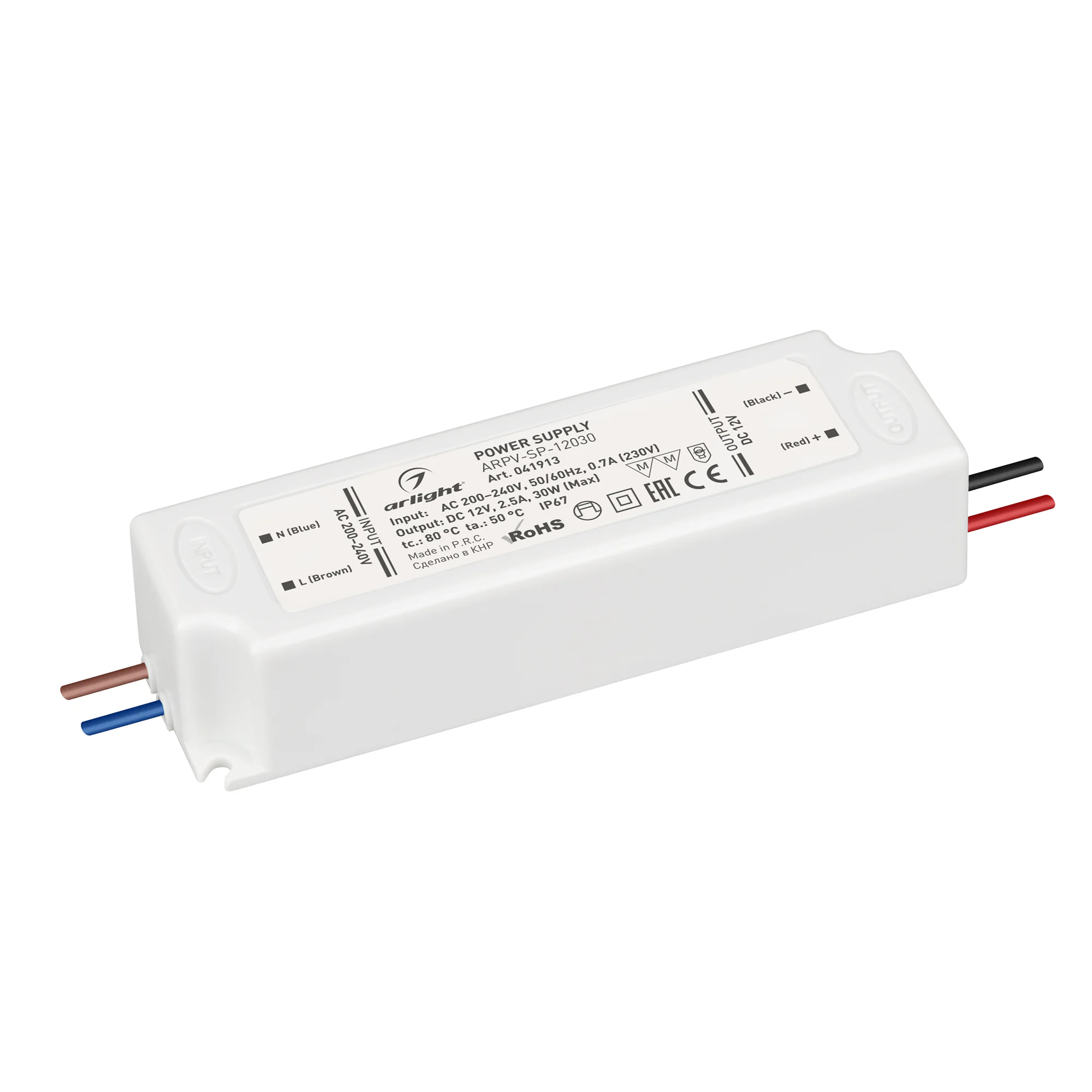 Блок питания ARPV-SP-12030 (12V, 2.5A, 30W) 041913 - Источник напряжения с гальванической развязкой для светодиодных изделий. Входное напряжение 200-240 VAC. Выходные параметры: 12 В, 2,5 А, 30Вт. Встроенный PFC >0.5. Герметичный пластиковый корпус IP 67.