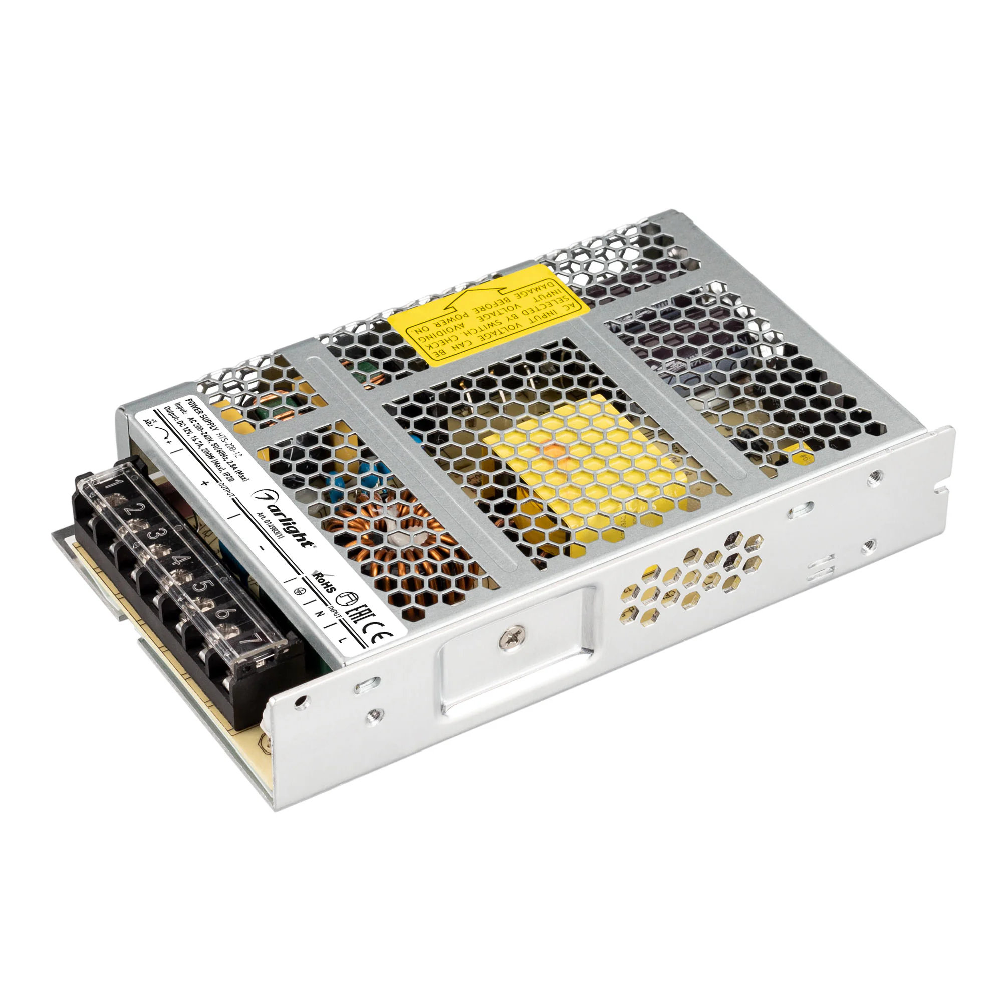 Блок питания HTS-200-12 (12V, 16.7A, 200W) 014983(1) - Источник напряжения с гальванической развязкой для светодиодных изделий. Входное напряжение 200-240 VAC. Выходные параметры: 12 В, 16,7 А, 200 Вт.  Негерметичный алюминиевый сетчатый корпус IP 20.