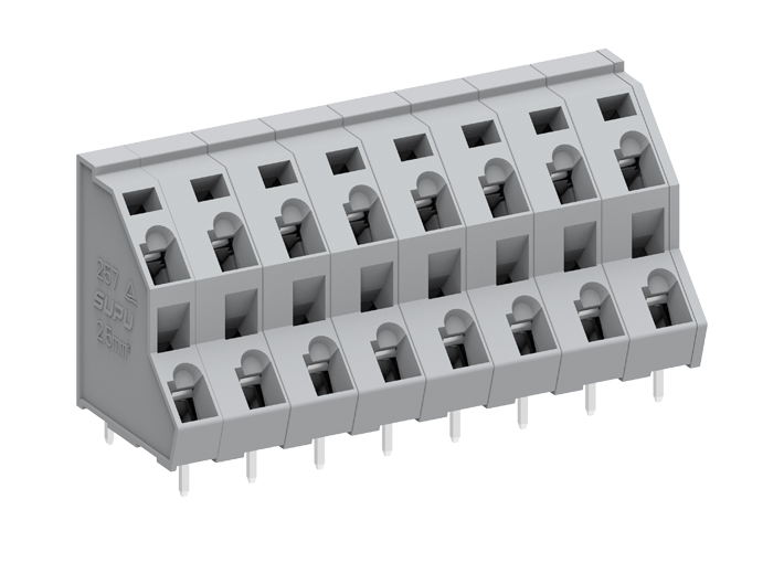 Клемма на плату 257306 - Клемма, 2 этажа, подвод кабеля 45 град., на плату, шаг: 7.5 мм, 12 полюсов, фиксация провода пружинная, исполнение: стандартное, 630V, 21A, цвет: серый