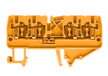 Клемма сдв. WKF 2,5/D2/2/35 ORANGE - Проходная клемма, 4 точки подключения, тип фиксации провода: пружинный, номинальное сечение: 2,5 мм кв., 24A, 800V, ширина: 5 мм, цвет: оранжевый, тип монтажа: DIN 35
