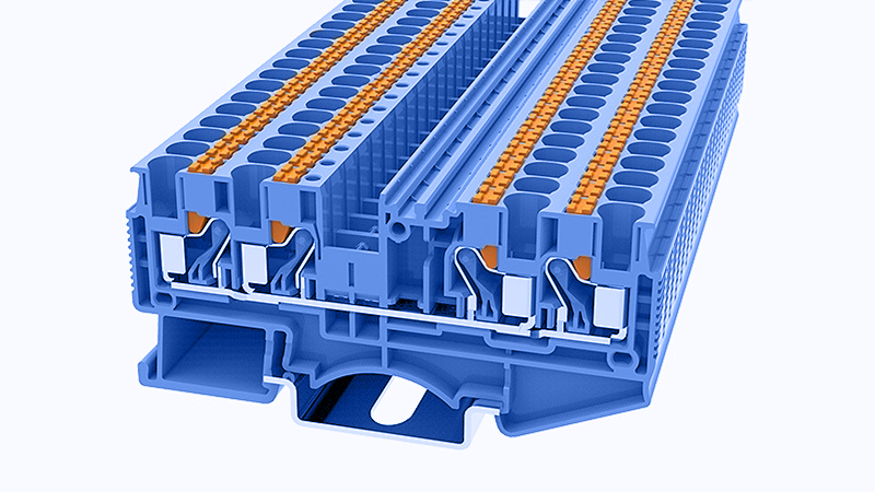 Проходная клемма DS4-QU-01P-12 - Проходная клемма, 4 точки подключения, тип фиксации провода: Push-in, номинальное сечение: 4 мм кв., 32A, 800V, ширина: 6,2 мм, цвет: синий, втычная перемычка, тип монтажа: DIN35
