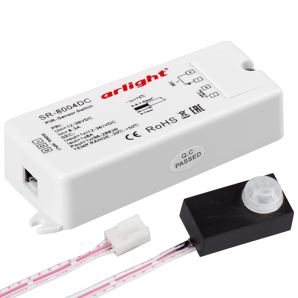 Датчик SR-8004-DC black (12-36V, 96-288W, PIR-Sensor) 020866 - ИК-выключатель, реагирует на движение, расстояние срабатывания до 3 м (время отключения 50с), для светодиодных лент. В комплекте - черный накладной датчик движения и блок управления 12/24/36V,