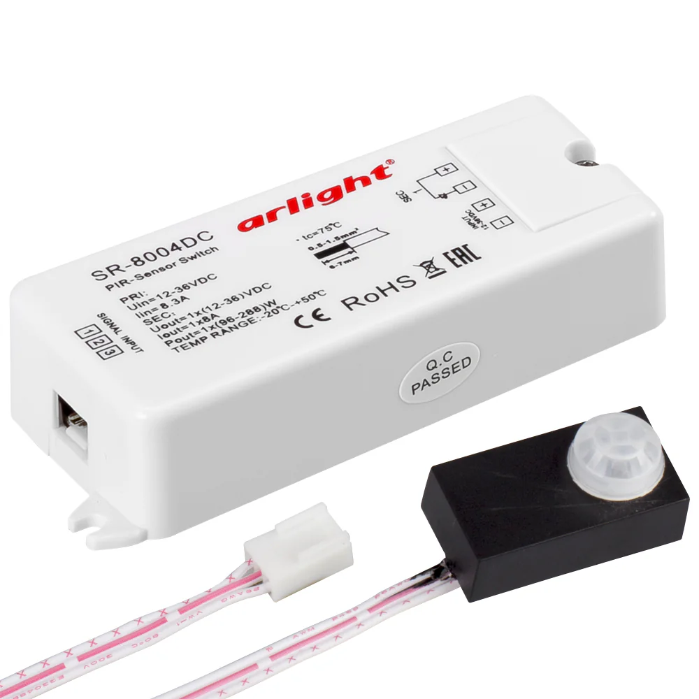 Датчик SR-8004-DC black (12-36V, 96-288W, PIR-Sensor) 020866 - ИК-выключатель, реагирует на движение, расстояние срабатывания до 3 м (время отключения 50с), для светодиодных лент. В комплекте - черный накладной датчик движения и блок управления 12/24/36V,