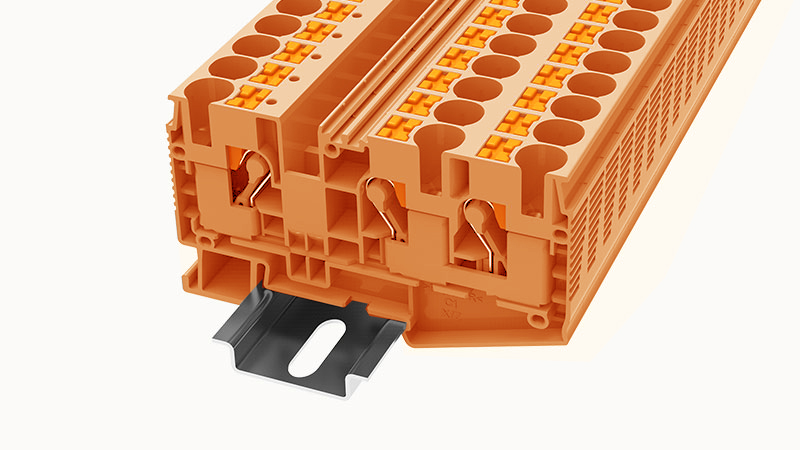 Проходная клемма DS10-TW-01P-15 - Проходная клемма, 3 точки подключения, тип фиксации провода: Push-in, номинальное сечение: 10 мм кв.,  57A, 1000V, ширина: 10,2 мм, цвет: оранжевый, втычная перемычка, тип монтажа:  DIN35