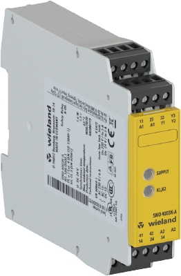 Реле безопасности SNO4003K-A AC/DC 24V - Реле безопасности SNO4003K-A AC/DC 24V (B). для аварийного останова и контроля положен.одноканальное управление, автоматический/ручной сброс с контролем переключателя сброса, 3 цепи включения, 1 сигнальный выход, A