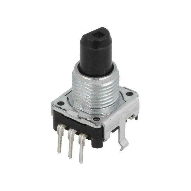 EC12E2420802 - Энкодер EC12 24 щелчка, 24 импульса, пластмассовый вал с лыской 15мм, крепление на гайку 9мм, горизонтальные выводы