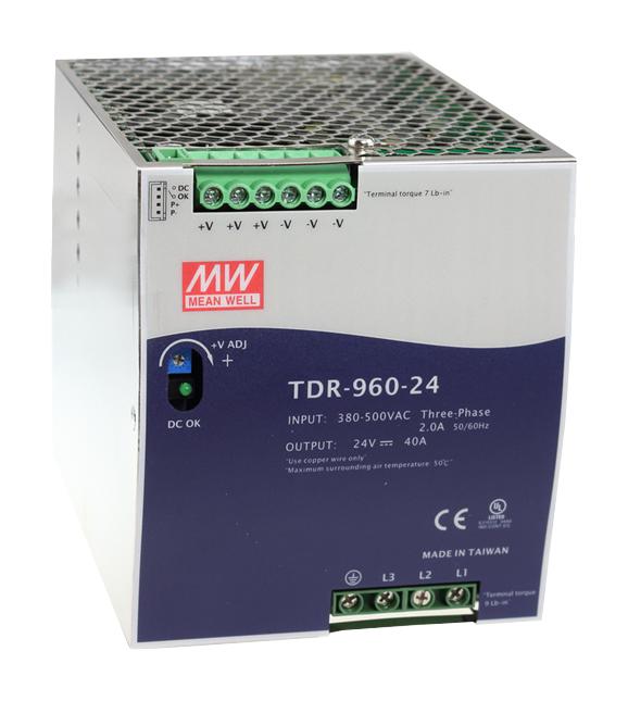 TDR-960-48 - AC-DC, 960Вт, ККМ, 3-х фазный, вход 340…550В AC, 47…63/480…780В DC, выход 48В/20A, рег. вых 24...28В,  изоляция 3000В AC, в кожухе на DIN-рейку 110х125.2х150мм, -30…+70°С