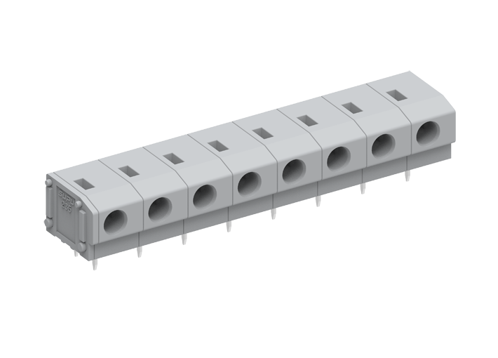 Розеточный разъем на плату 235308 - Клемма, горизонтальный подвод кабеля, на плату, шаг: 7.5 мм, 8 полюсов, фиксация провода пружинная, исполнение: два вывода на контакт, 630V, 17,5A, цвет: серый