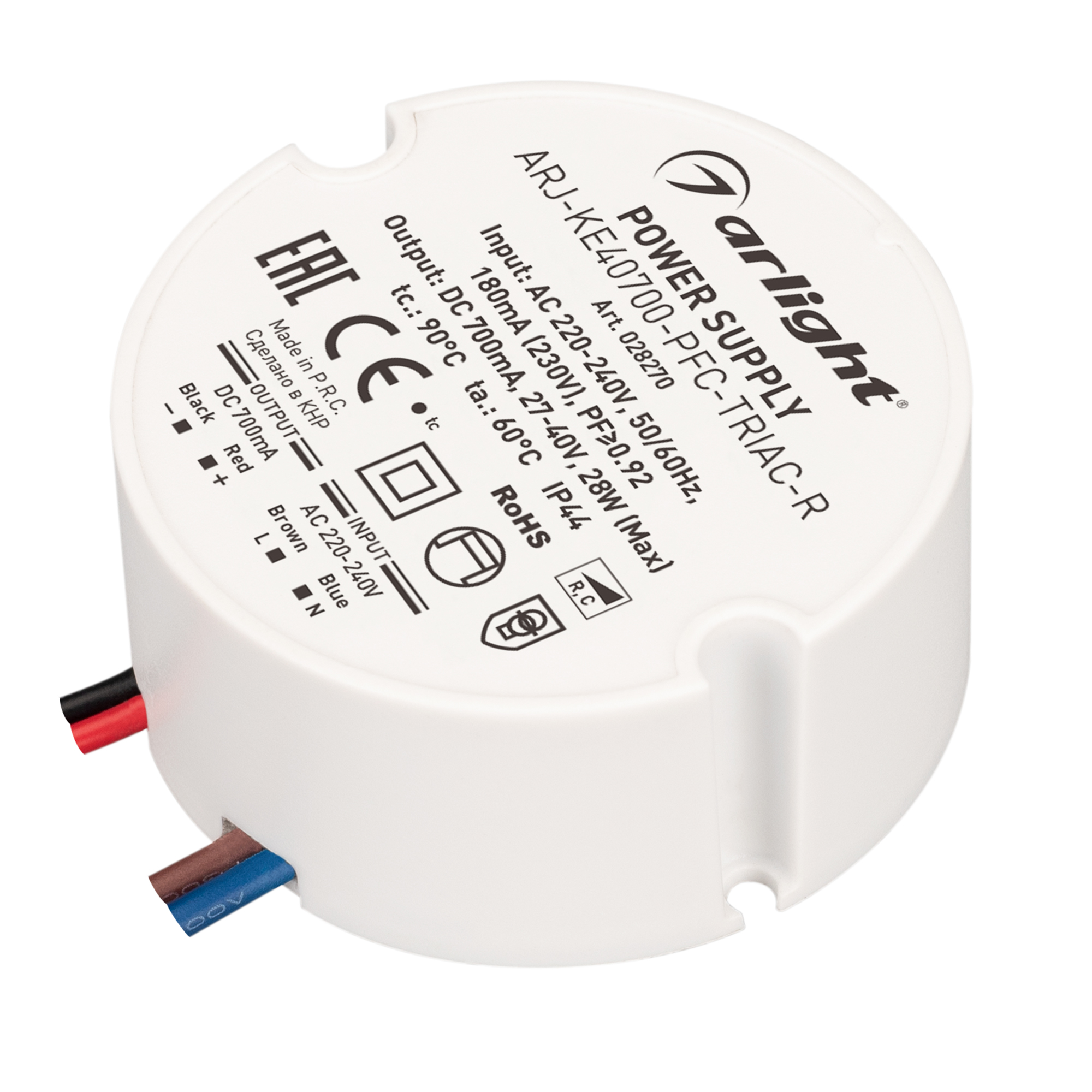 Блок питания ARJ-KE40700-PFC-TRIAC-R (28W, 700mA) 028270 - Диммируемый источник тока по стандарту TRIAC с гальванической развязкой для светильников и мощных светодиодов. Входное напряжение 220-240 VAC. Выходные параметры: 27-40 В, 700 mА, 28 Вт. Встроенны