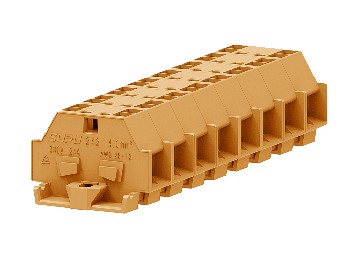 Клемма мини 242332 - Мини клемма, боковой подвод кабеля, 4 точки подключения в клемме, тип фиксации провода: пружинный, номинальное сечение: 4 мм кв., 24A, 630V, цвет: оранжевый, тип монтажа: монтажные фланцы