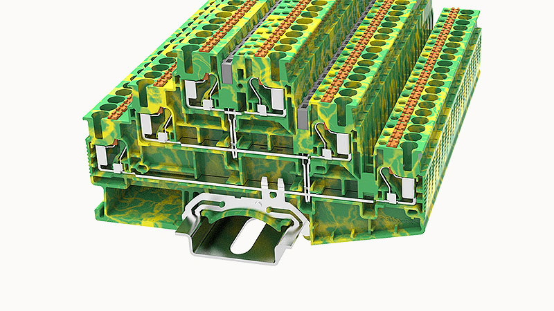 Клемма этажная с заземлением DS2.5-3L-PE-01P-1C - Этажная клемма, с заземлением, тип фиксации провода: Push-in, номинальное сечение: 2.5 мм кв., 24A, 800V, ширина: 5,2 мм, цвет: серый, втычная перемычка, тип монтажа: DIN35