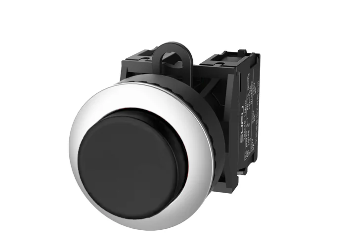 Кнопка выпуклая (черная) TS2520-0DM60-R20 - Кнопка круглая выпуклая, без блокировки, без подсветки, утопленное алюминиевое переднее кольцо, с плавным нажатием, с контактной группой 2NO, диаметр головки кнопки 36 мм, диаметр посадочного отверстия: 22 мм, ц