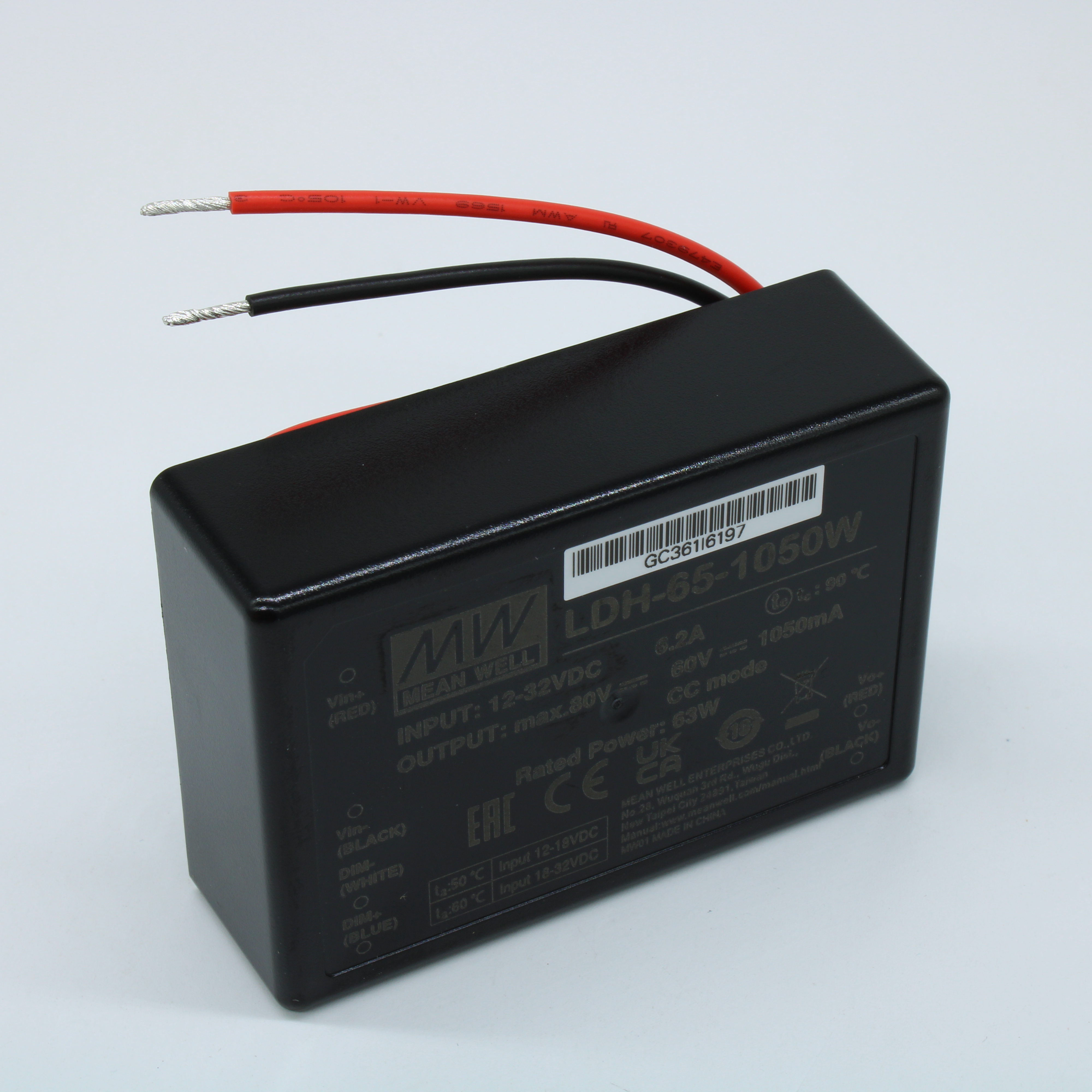 LDH-65-1050W - DC/DC LED повышающий, вход 9.5…32В, выход 12.5…60В/1.05А, КПД до 95.5%, DIMM, 75x53x22.7мм, проводные выводы, -40…50/60°C, пластик