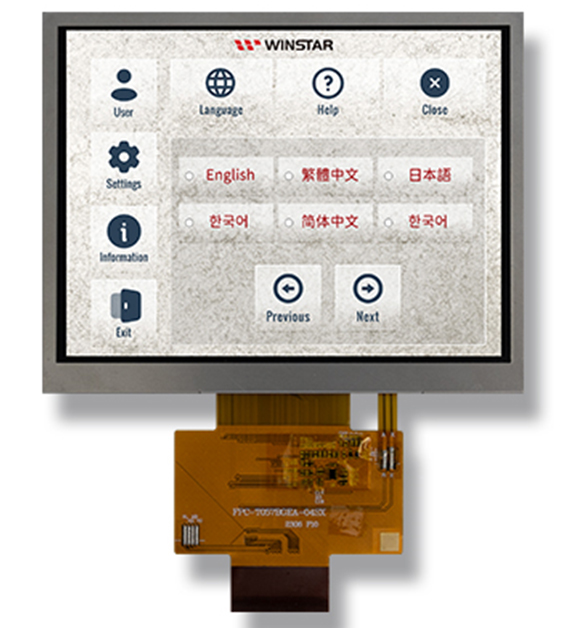 WF57A5SYAFDNN0# - TFT 5.7", 640xRGBx480, 18-бит параллельный интерфейс, яркость 1100 Кд/м2, контрастность 1200:1, драйвер JD9168S, -20...+70°С
