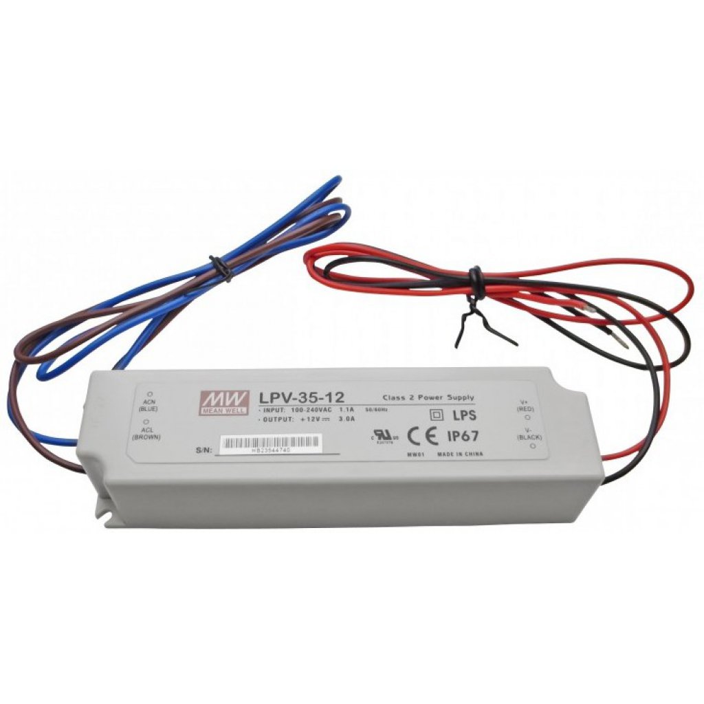 LPV-35-12 - AC-DC, 36Вт, IP67, вход 90…264В AC, выход 12В/3А,изоляция 3000В AC, в кожухе 148х40х30мм, -30…+75°С
