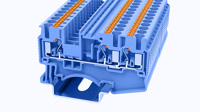 Проходная клемма DS2.5-TW-01P-12 - Проходная клемма, 3 точки подключения, тип фиксации провода: Push-in, номинальное сечение: 2.5 мм кв., 24A, 800V, ширина: 5,2 мм, цвет: синий, втычная перемычка, тип монтажа: DIN35
