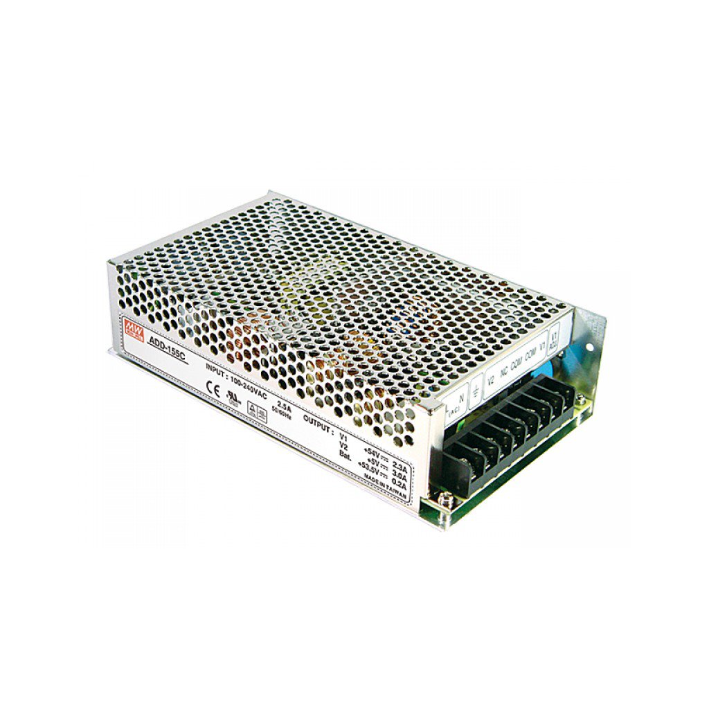 ADD-155A - AC-DC с зарядником, 155Вт, вход 88…264В AC, 47…63Гц /124…370В DC, выход 1: 13.8В/9.5A, выход 2: 5В/3A, выход 3: 13.3В/0.5A (Зарядник), изоляция 3000В AC, в кожухе 199х110х50мм, -10…+60°С