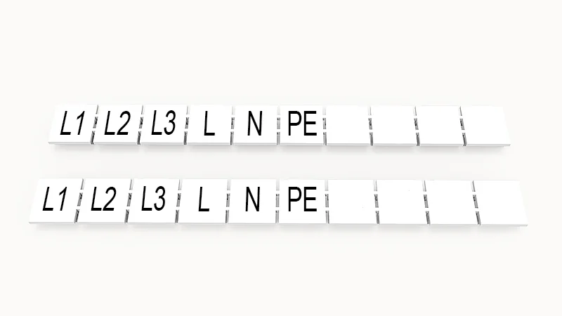 Марк.  полоска ZB10-10P-19-67Z(H) - Маркировочные шильдики для клемм WS…, DC…, PC…, сечением 10 мм кв., центральная, 10 шильдиков нанесенные символы: L1 L2 L3 L N PE + 4 пустых, с вертикальным расположением, размер шильдика: 9,3х10,7 мм, цвет белый