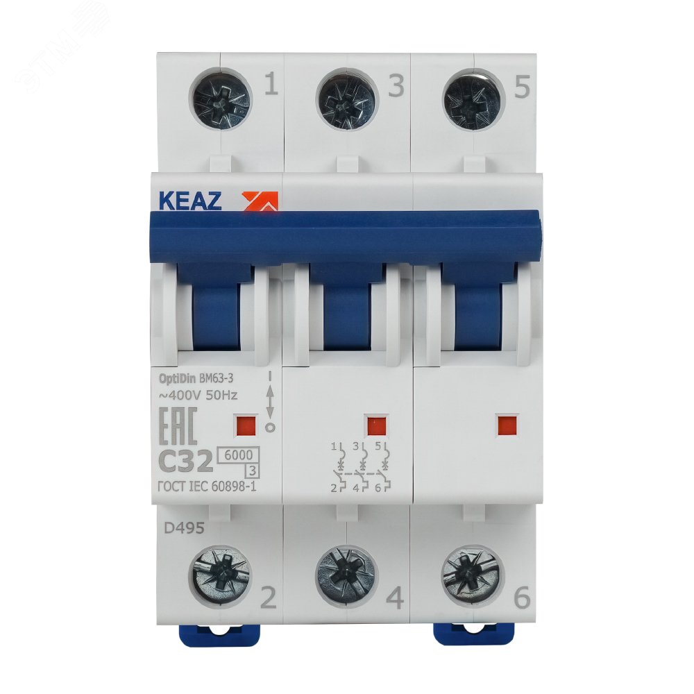 Выключатель автоматический модульный 3п C 32А 6кА OptiDin BM63-3C32-УХЛ3 КЭАЗ 260796