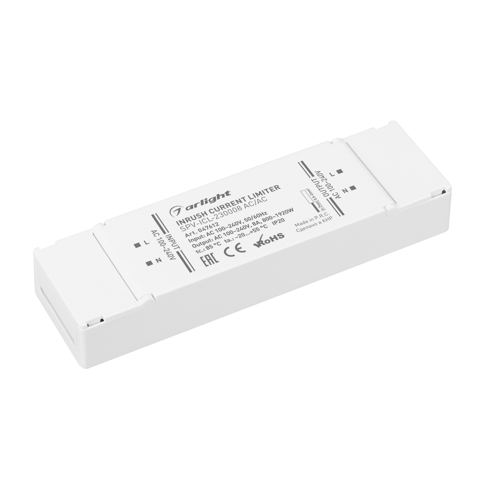 Ограничитель пускового тока SPV-ICL-230008 AC/AC (100-240V, 8A) 047612 - Ограничитель пускового тока блоков питания. Напряжение вход/выход 100-240V AC, макс. ток нагрузки 8A, ограничение пускового тока до 20А на входе и выходе устройства. Устанавливается 