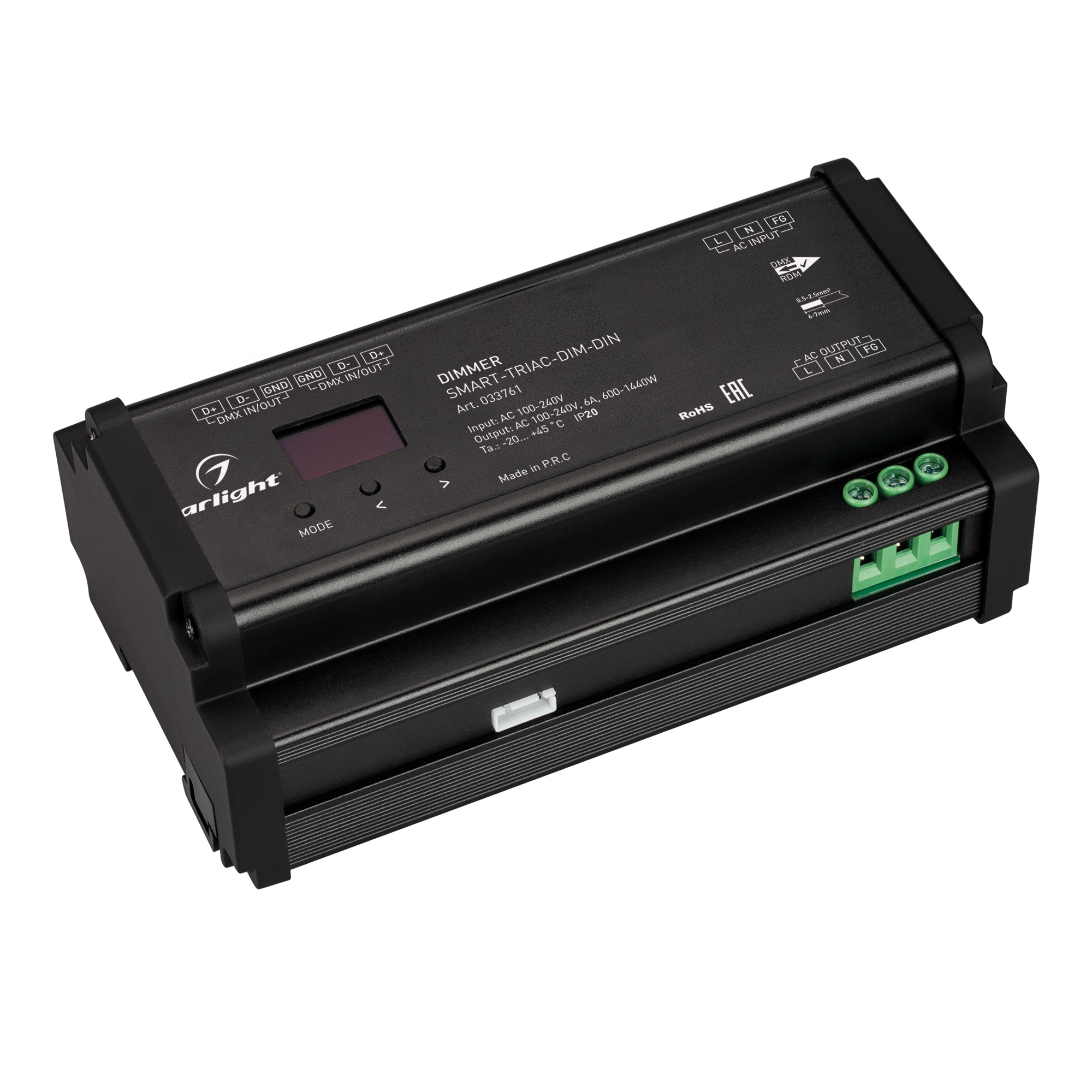 Диммер SMART-TRIAC-DIM-DIN (230V, 6A) 033761 - Диммер для одноцветных источников света (TRIAC). Питание/рабочее напряжение 100-240VDC, выходной ток 6А, выходная мощность для ламп накаливания - 1440Вт, для LED - 720Вт . Корпус - PVC, Led экран. Габариты 16