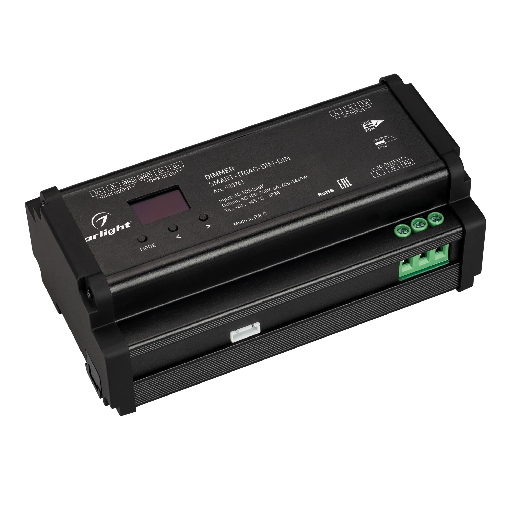 Диммер SMART-TRIAC-DIM-DIN (230V, 6A) 033761 - Диммер для одноцветных источников света (TRIAC). Питание/рабочее напряжение 100-240VDC, выходной ток 6А, выходная мощность для ламп накаливания - 1440Вт, для LED - 720Вт . Корпус - PVC, Led экран. Габариты 16