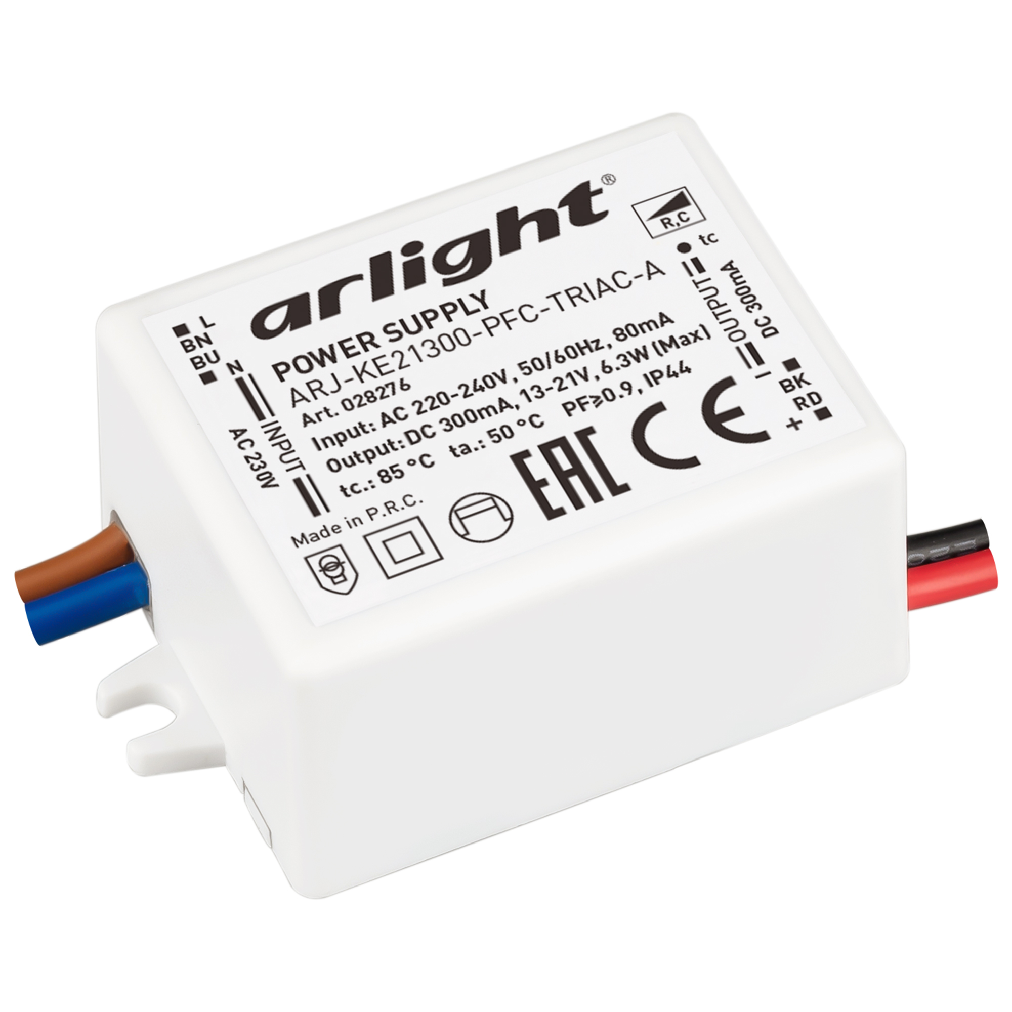 Блок питания ARJ-KE21300-PFC-TRIAC-A (6.3W, 300mA) 028276 - Диммируемый источник тока по стандарту TRIAC с гальванической развязкой для светильников и мощных светодиодов. Входное напряжение 220-240 VAC. Выходные параметры: 13-21 В, 300 mА, 6.3 Вт. Встроен