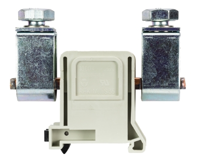 Клемма болтовая RFK 1 / 150 K S35 - Сильноточная болтовая клемма, тип фиксации провода: зажим-зажим, номинальное сечение: 150 мм кв., 335A, 1000V, ширина: 42 мм, цвет: серый, тип монтажа: DIN 35
