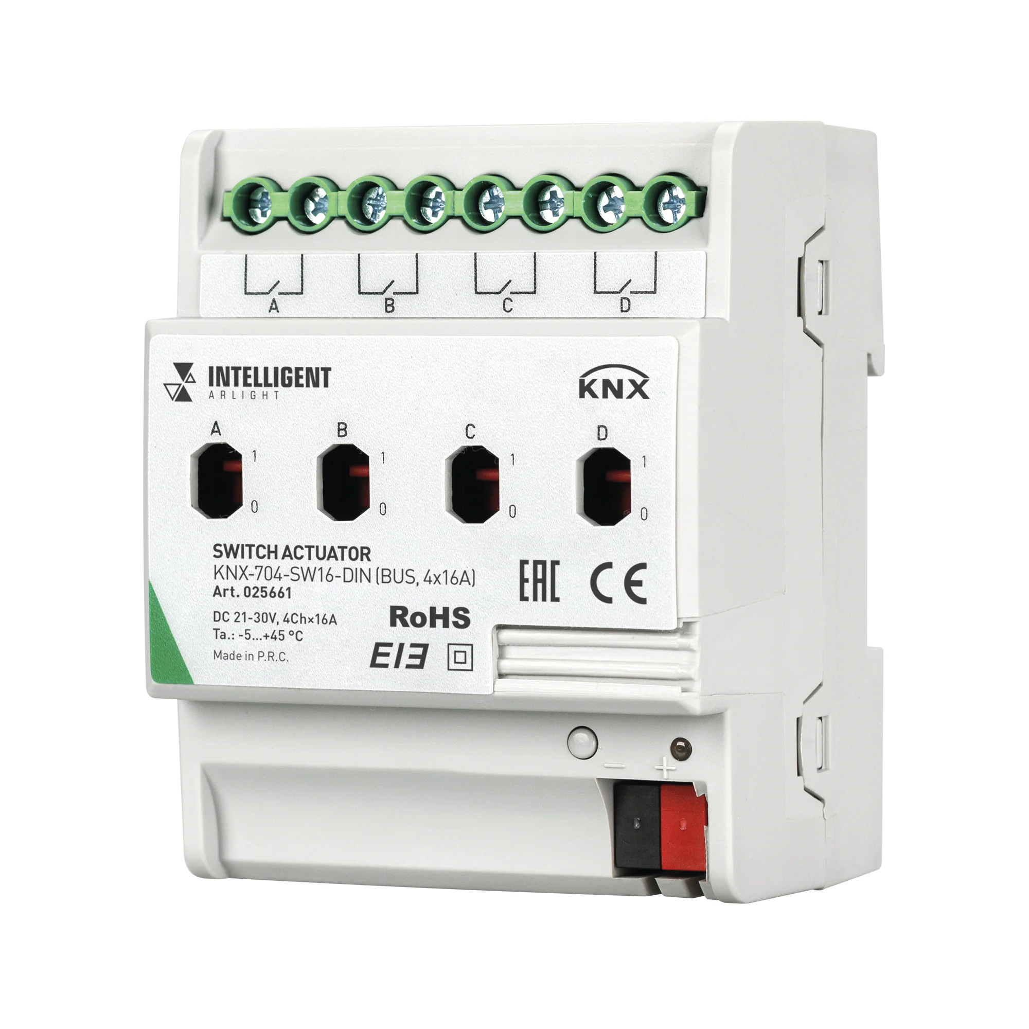 INTELLIGENT ARLIGHT Релейный модуль KNX-704-SW16-DIN (BUS, 4x16A) 025661 - Релейный модуль 4-х канальный для KNX систем. Установка на DIN рейку. Возможность ручного управления. Напряжение питания DC 21-30V от шины данных. Максимальный коммутируемый ток - 