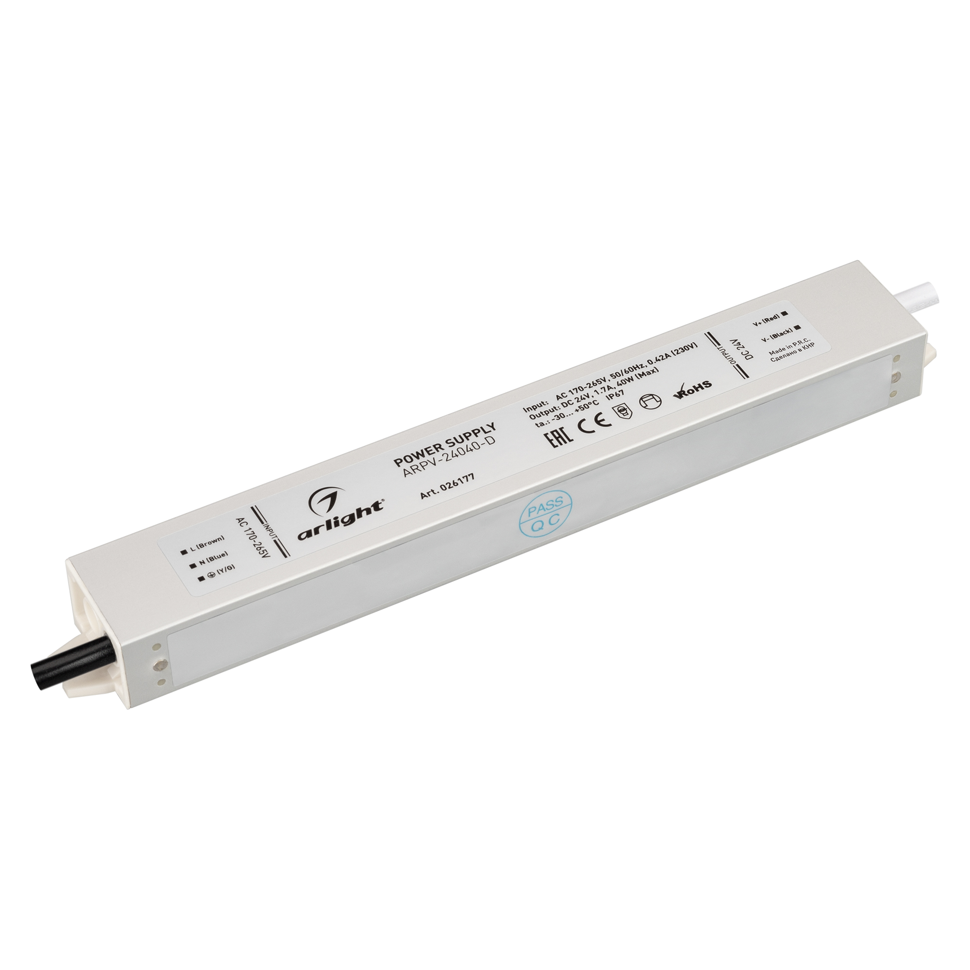 Блок питания ARPV-24040-D (24V, 1.7A, 40W) 026177 - Источник напряжения с гальванической развязкой для светодиодных изделий. Входное напряжение 170-265 VAC. Выходные параметры: 24 В, 1,7 А, 40 Вт. Встроенный PFC >0,5. Герметичный алюминиевый корпус IP 67.