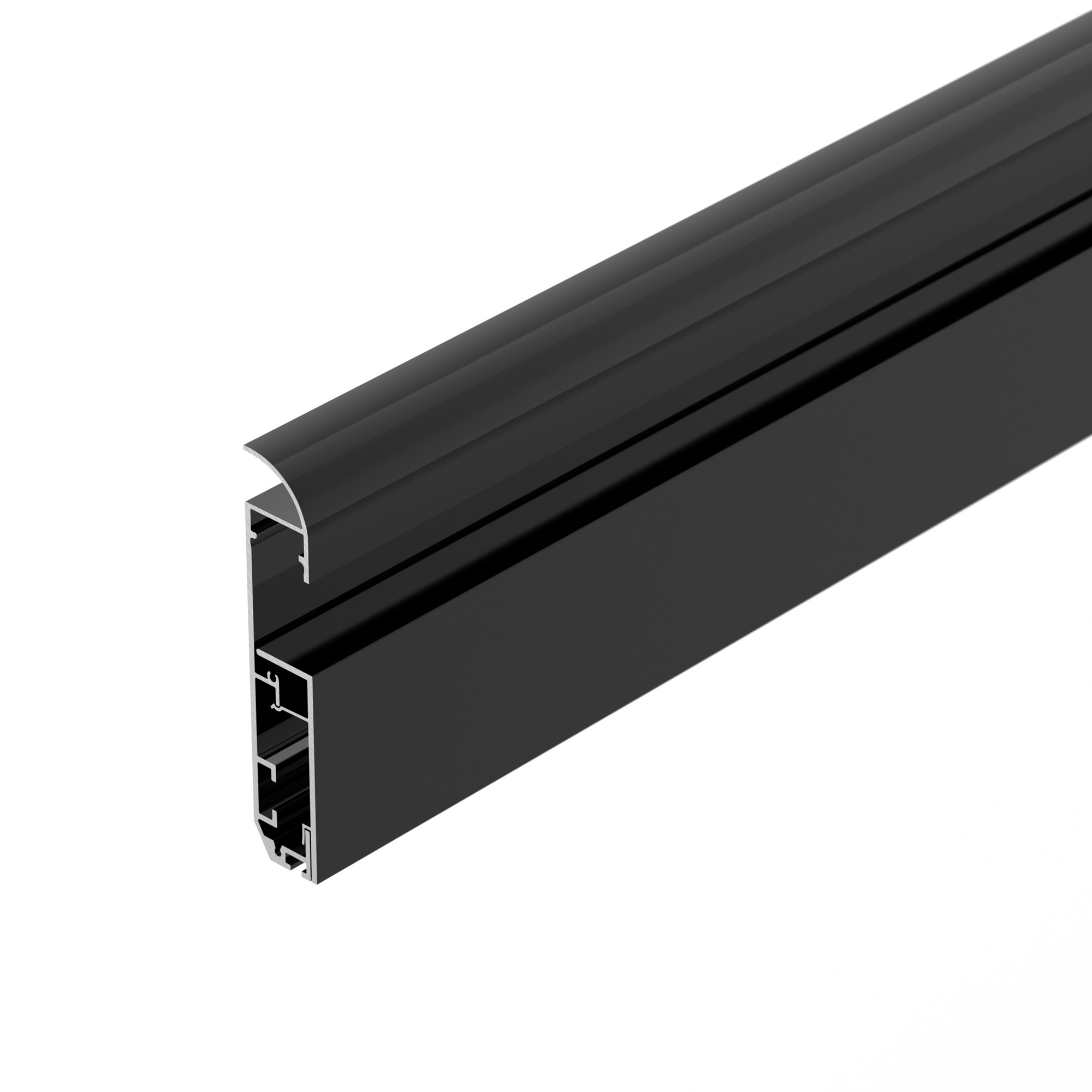 Профиль PLINTUS-H80-2000 BLACK 045448 - Алюминиевый накладной двухкомпонентный профиль-плинтус для светодиодных лент и линеек. Цвет - черный RAL9005 (порошковая окраска). Габаритные размеры (L?W?H): 2000x14,8x79,7 мм. Ширина площадки для ленты 12,2 мм. Ак
