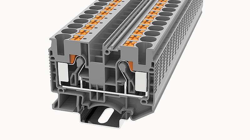Проходная клемма DS10-01P-11 - Проходная клемма, тип фиксации провода: Push-in, номинальное сечение: 10 мм кв., 57A, 1000V, ширина: 10,2 мм, цвет: серый, втычная перемычка, тип монтажа: DIN35