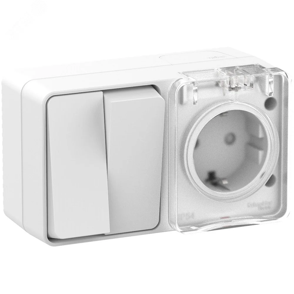 Блок ОП AtlasDesign Profi54 (розетка 16А 250В с заземл. защ. шторки + 2-кл. выкл. 10А) IP54 бел. SE ATN540174