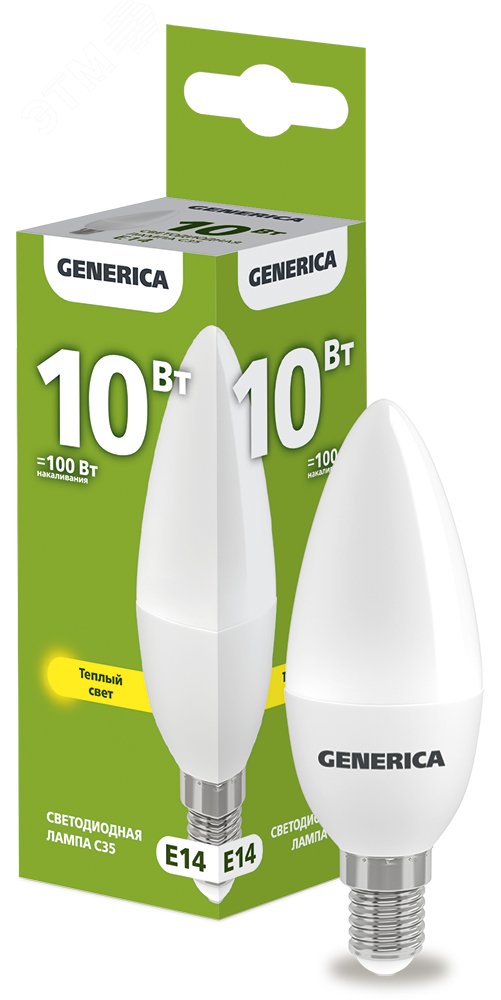 Лампа светодиодная C35 свеча 10Вт 230В 3000К E14 GENERICA LL-C35-10-230-30-E14-G