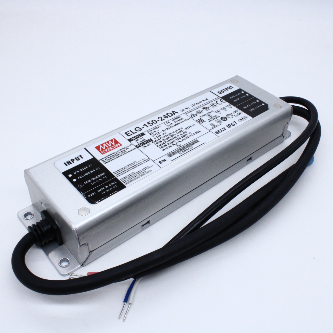 ELG-150-24DA - AC-DC, 150Вт, IP67, вход 100…305В AC, 47…63Гц/142…431В DC, ККМ, выход 12...24В/6,25А, изоляция 3750В AC, в кожухе 219х63х35,5мм, -40…+70°С, DALI