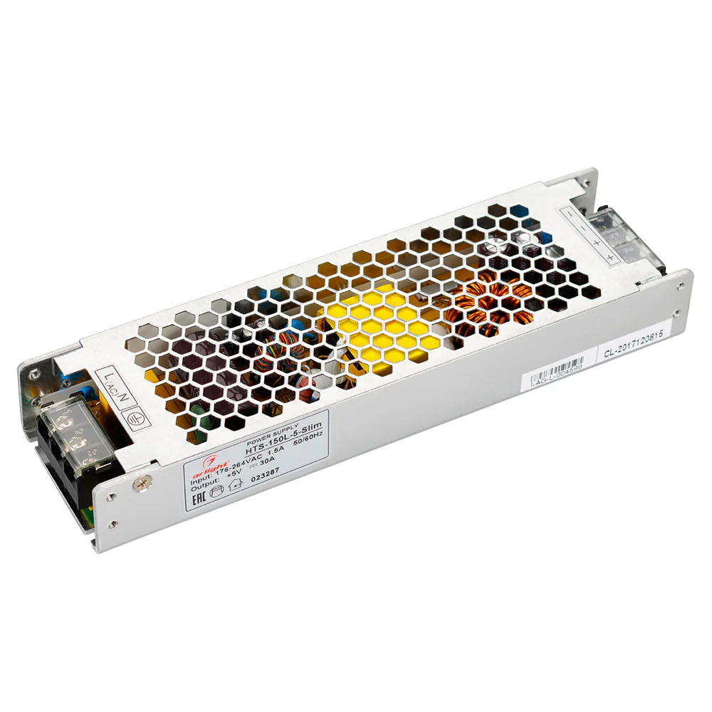 Блок питания HTS-150L-5-Slim (5V, 30A, 150W) 023287 - Источник напряжения с гальванической развязкой для светодиодных изделий. Входное напряжение 200-240 VAC. Выходные параметры: 5 В, 30 А, 150 Вт. Встроенный PFC >0,5. Негерметичный алюминиевый сетчатый к