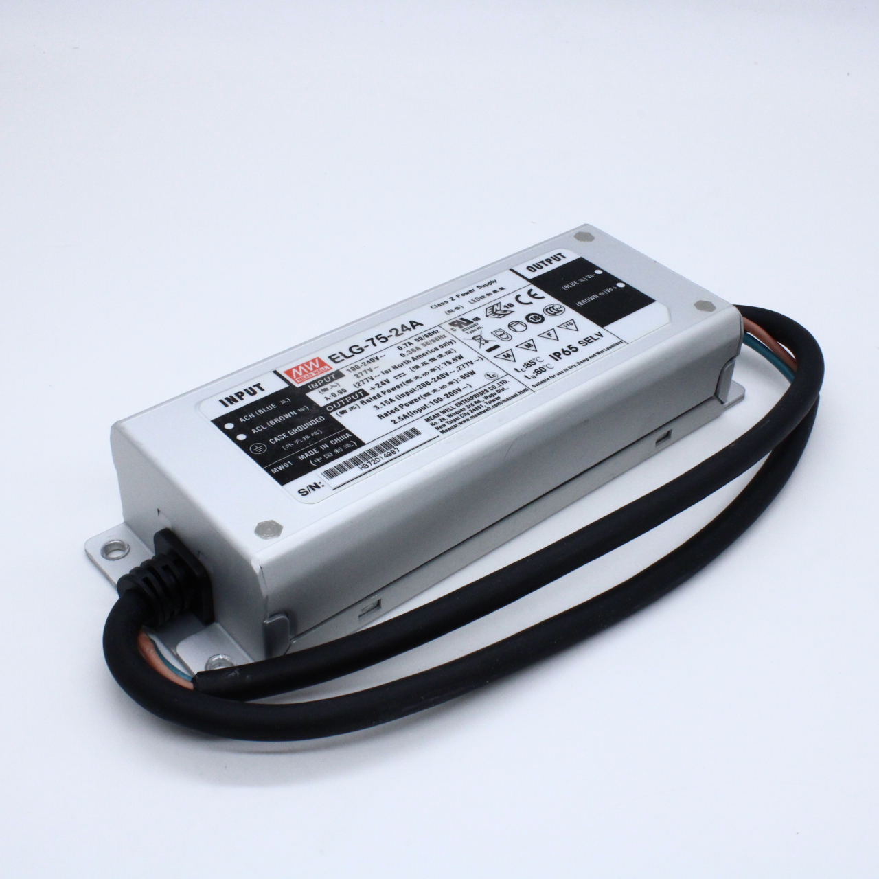 ELG-75-24A - AC-DC, 75.6Вт, IP65, вход 100…305В AC, 47…63Гц/142…431В DC, ККМ, выход 12…24В/3.15А, изоляция 3750В AC, в кожухе 180х63х35,5мм, -40…+85°С (корпус), рег. выхода