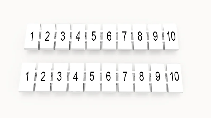Марк.  полоска ZB5-10P-19-40Z(H) - Маркировочные шильдики для клемм WS…, DC…, PC…, сечением 2,5 мм кв., центральная, 10 шильдиков, нанесенные символы: 1-10 с вертикальным расположением, размер шильдика: 4,55х10,7 мм, цвет белый