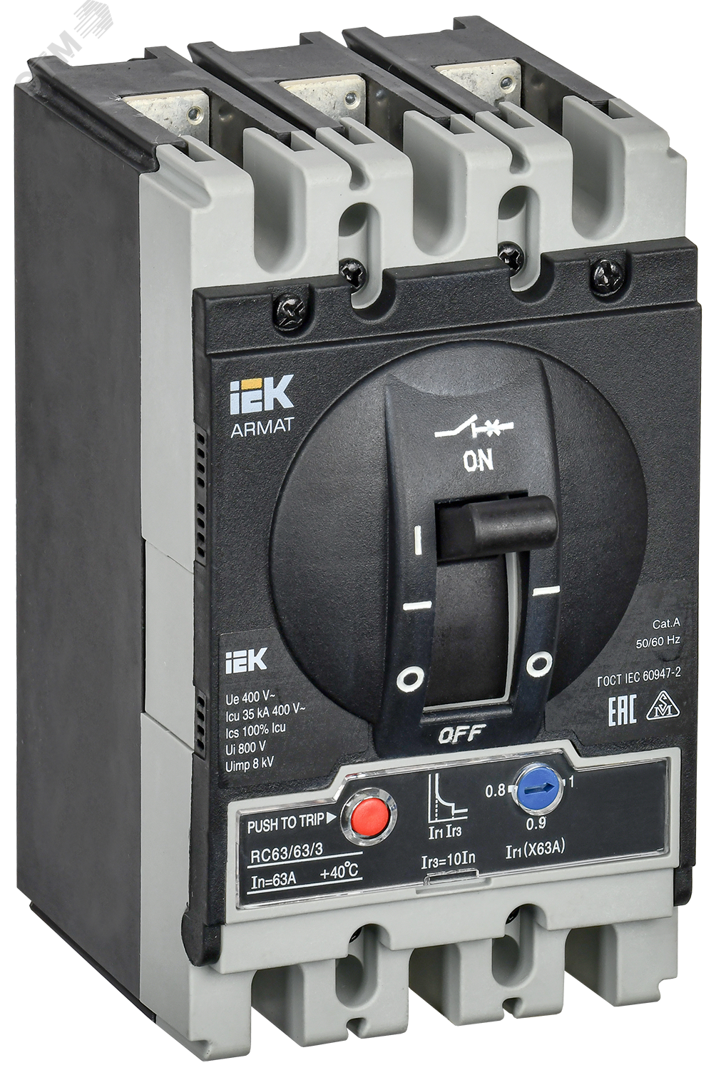 Автоматический выключатель в литом корпусе ARMAT 3P типоразмер S 35кА 63А расцепитель термомагнитный регулируемый AR-MCCB-3S-035-0063A-ATUC