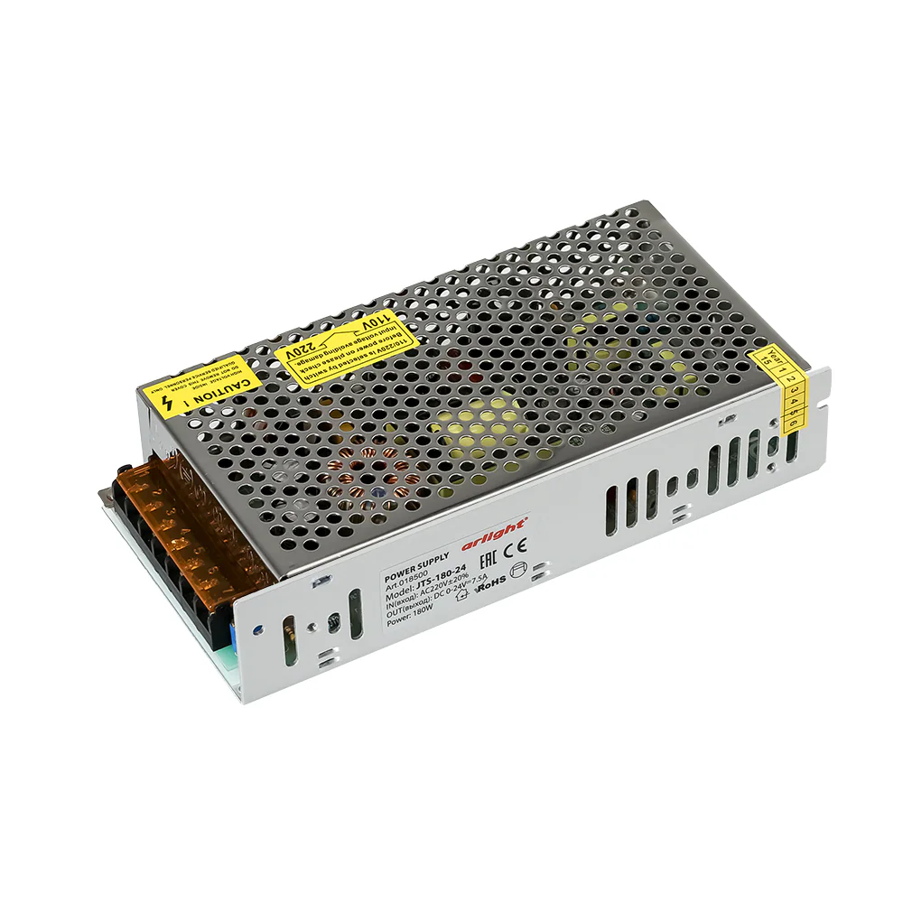 Блок питания JTS-180-24 (0-24V, 7.5A, 180W) 018500 - Регулируемый источник напряжения с гальванической развязкой для светодиодных изделий. Входное напряжение 88-264 VAC. Выходные параметры: 0-28.5 В, 7,5 А, 180 Вт. Встроенный PFC >0.5. Негерметичный алюми