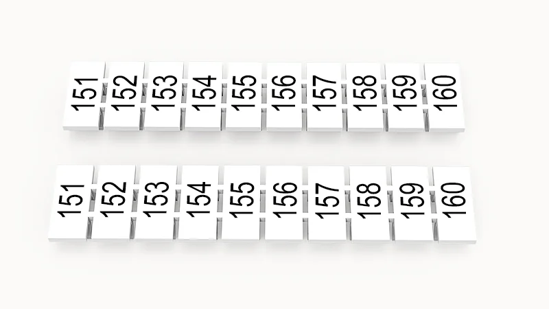 Марк.  полоска ZB6-10P-19-263Z(H) - Маркировочные шильдики для клемм WS…, DC…, PC…, сечением 4 мм кв., центральная, 10 шильдиков нанесенные символы: 151-160, с горизонтальным расположением, размер шильдика: 5,55х10,7 мм, цвет белый