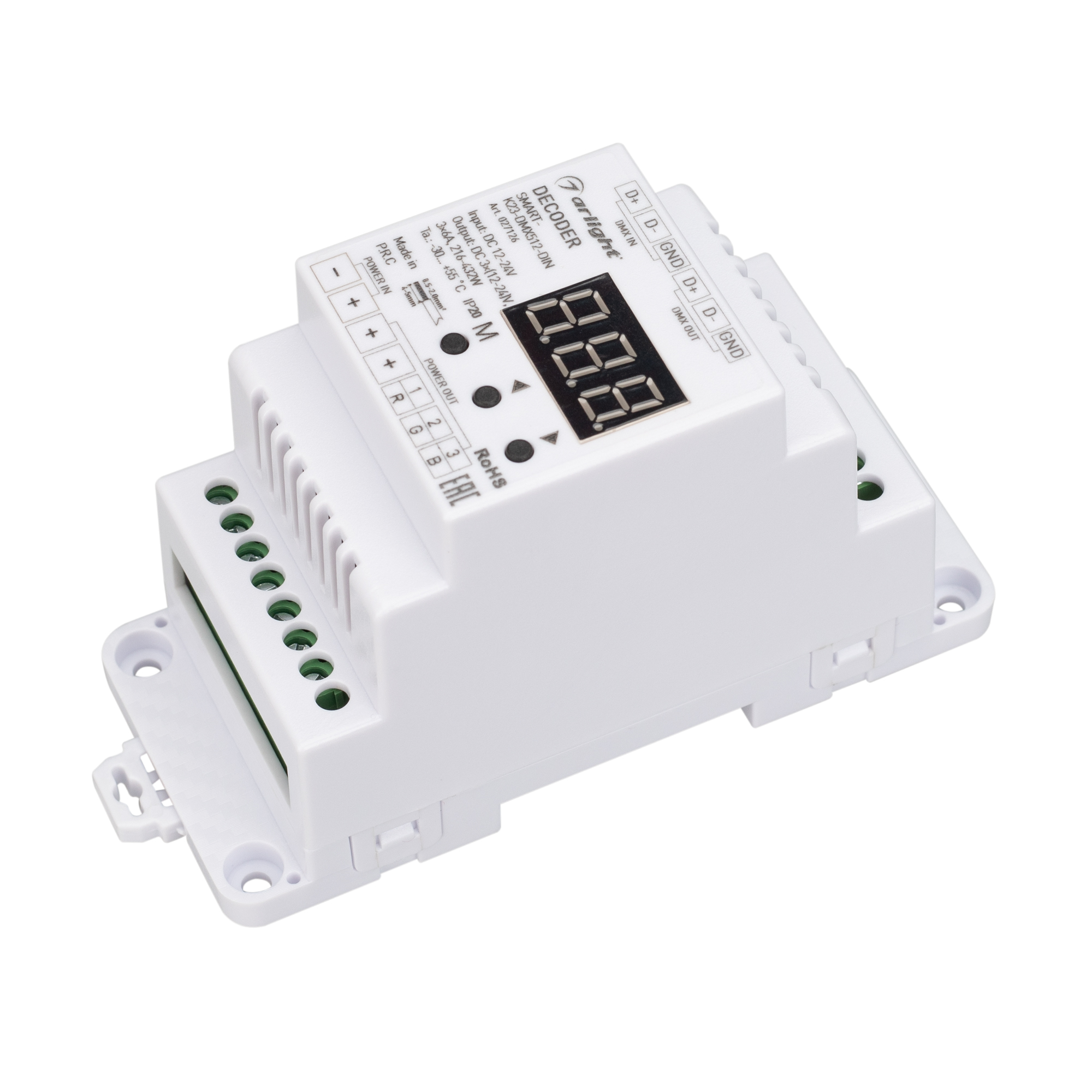 Декодер SMART-K23-DMX512-DIN (12-24V, 3x6A) 027126 - Декодер DMX512 для трансляции DMX512 сигнала ШИМ(PWM) устройствам. Питание 12-24VDC. 3 канала, ток нагрузки 3x6A, мощность нагрузки 216-432W. Входной сигнал DMX512, выходной сигнал ШИМ(PWM). Цифровой ди