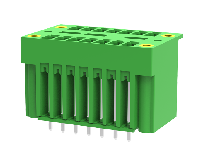 Вилочный разъем на плату MC-DPA3.81V06-F-0002 - Вилочный разъем, вертикальный, 2 этажа, на плату, шаг: 3.81 мм, 6x2 полюсов, фиксация на плате пайкой, исполнение: с монтажными фланцами, 160V, 8A, цвет: зеленый