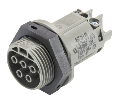 Разъем RST25i5 96.051.5054.3 - Розеточный разъем в панель, М25, IP68(69k), 5 полюсов, винтовая фиксация провода, номинальные характеристики: 250V+РЕ, 25A, цвет контактной вставки: серый, цвет корпуса: черный, серия RST Classic