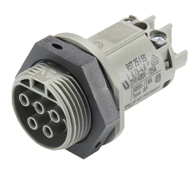 Разъем RST25i5 96.051.5054.3 - Розеточный разъем в панель, М25, IP68(69k), 5 полюсов, винтовая фиксация провода, номинальные характеристики: 250V+РЕ, 25A, цвет контактной вставки: серый, цвет корпуса: черный, серия RST Classic
