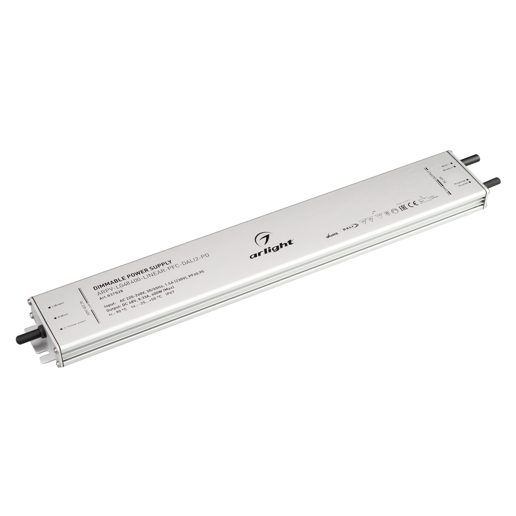 Блок питания ARPV-LG48400-LINEAR-PFC-DALI2-PD (48V, 8.3A, 400W) 037926 - Диммируемый блок питания 48V с гальванической развязкой, ток 8.3А, 400Вт, с управлением DALI, c функцией PUSH-DIM, с корректором мощности, PF>0,95. Тонкий металлический корпус IP67. 