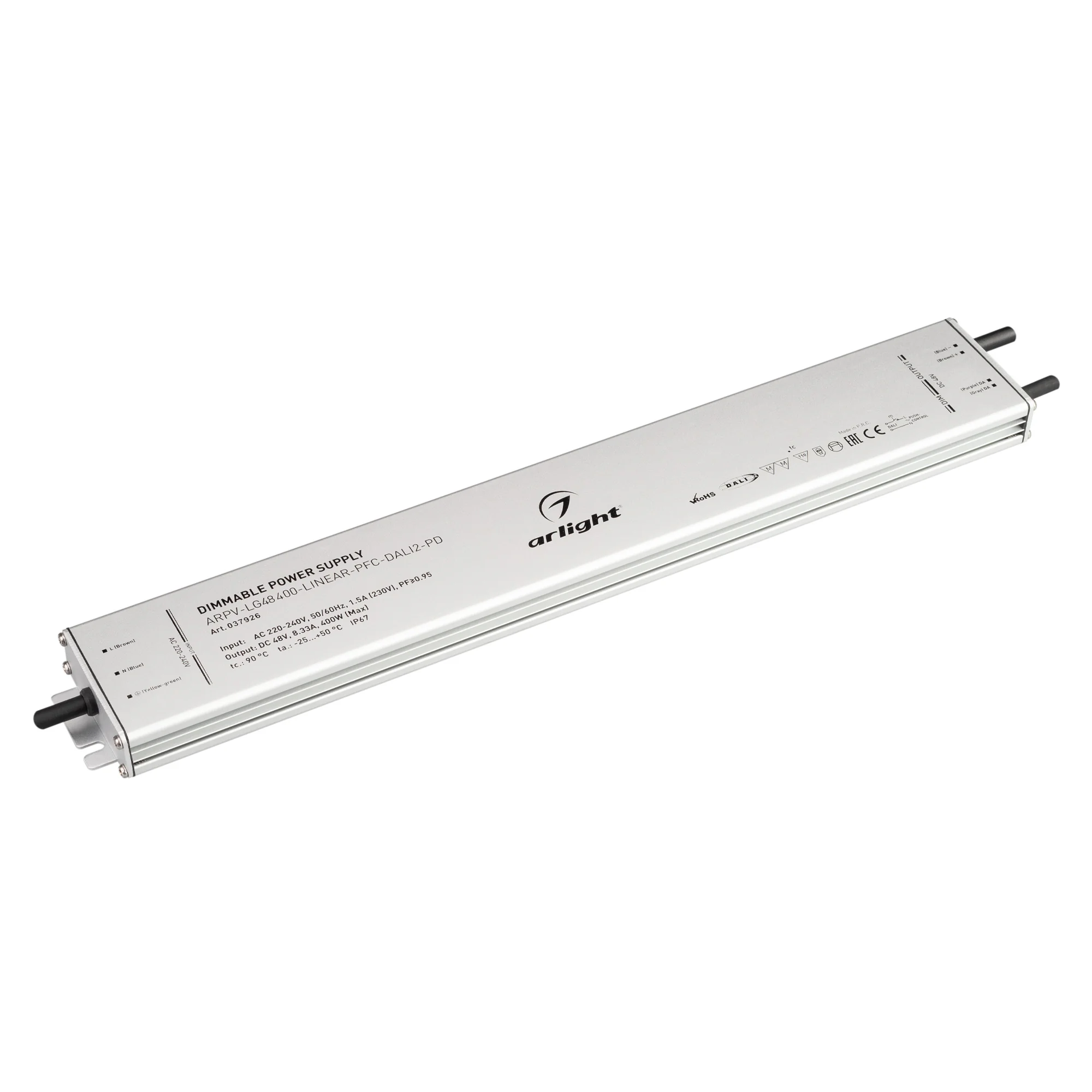 Блок питания ARPV-LG48400-LINEAR-PFC-DALI2-PD (48V, 8.3A, 400W) 037926 - Диммируемый блок питания 48V с гальванической развязкой, ток 8.3А, 400Вт, с управлением DALI, c функцией PUSH-DIM, с корректором мощности, PF>0,95. Тонкий металлический корпус IP67. 