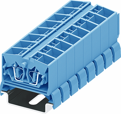 Клемма мини 254384 - Мини клемма, верхний подвод кабеля, 4 точки подключения в клемме, тип фиксации провода: пружинный, номинальное сечение: 2,5 мм кв., 24A, 800V, цвет: синий, тип монтажа: DIN35