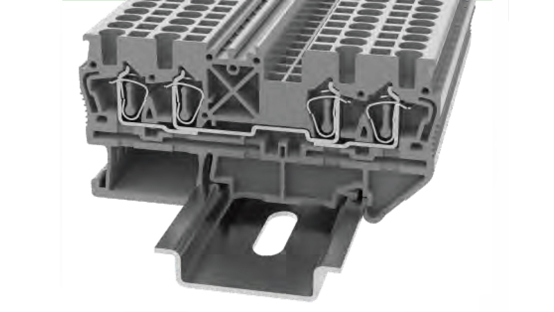 Проходная клемма STB2.5-QU-01P-11 - Проходная клемма, 4 точки подключения, тип фиксации провода: пружинный, номинальное сечение: 2.5 мм кв., 24A, 800V, ширина: 5,2 цвет: серый, втычная перемычка, тип монтажа: DIN35