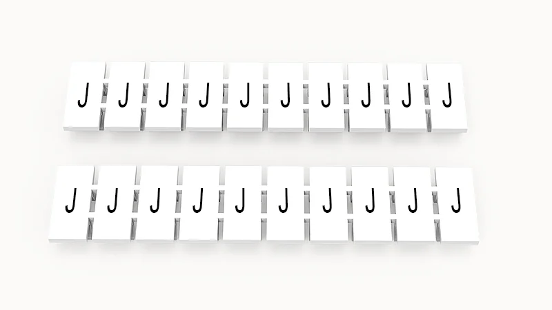 Марк.  полоска ZB6-10P-19-55Z(H) - Маркировочные шильдики для клемм WS…, DC…, PC…, сечением 4 мм кв., центральная, 10 шильдиков нанесенные символы: J (повтор на всех шильдиках),с вертикальнымрасположением, размер шильдика: 5,55х10,7 мм, цвет белый